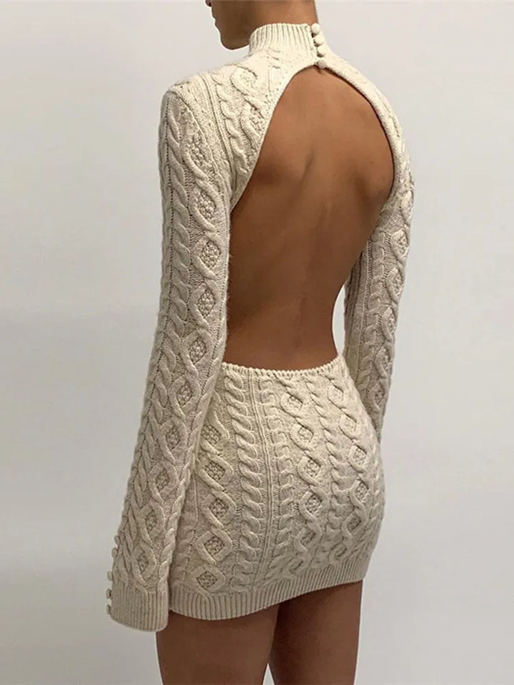 Balıkçı Yaka Sırt Detay Örme Mini Elbise