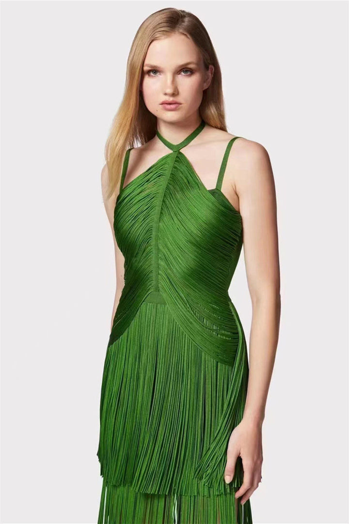 Phoebe Boyundan Bağlamalı Püsküllü Maxi Elbise