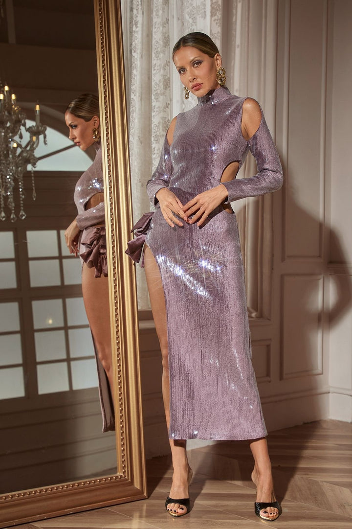 Seabi Uzun Kollu Payet Kesimli Maxi Elbise