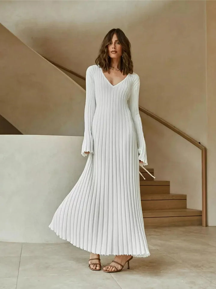 Geniş Fitilli V yaka Maxi Elbise