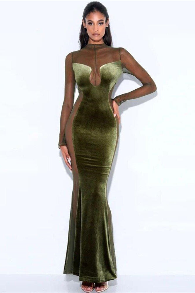 Zona Transparan Kadife Maxi Elbise