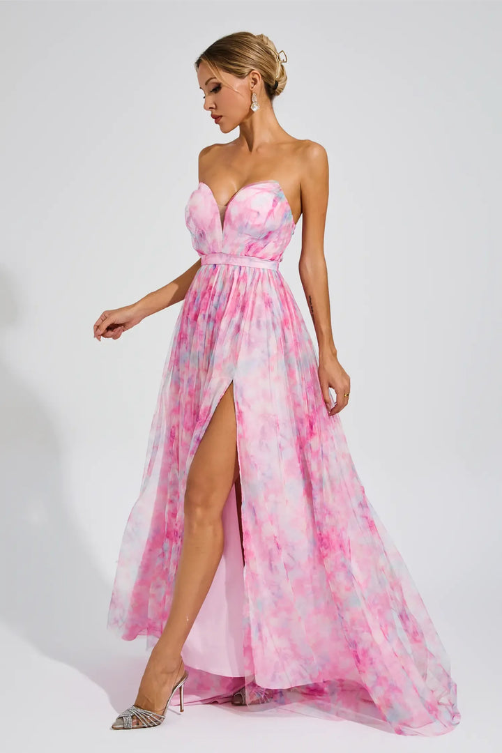 Sheila Pembe Çiçekli Yırtmaçlı Omuz Uzun Elbise