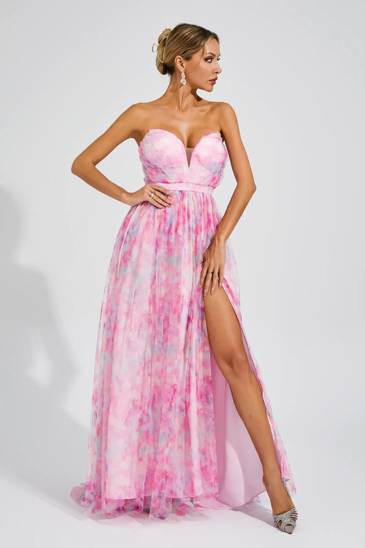 Sheila Pembe Çiçekli Yırtmaçlı Omuz Uzun Elbise