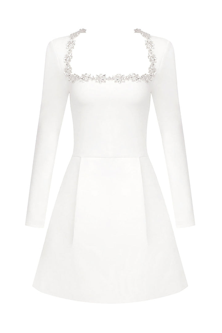 Alexia Kare Yaka Taşlı Detaylı Mini Elbise