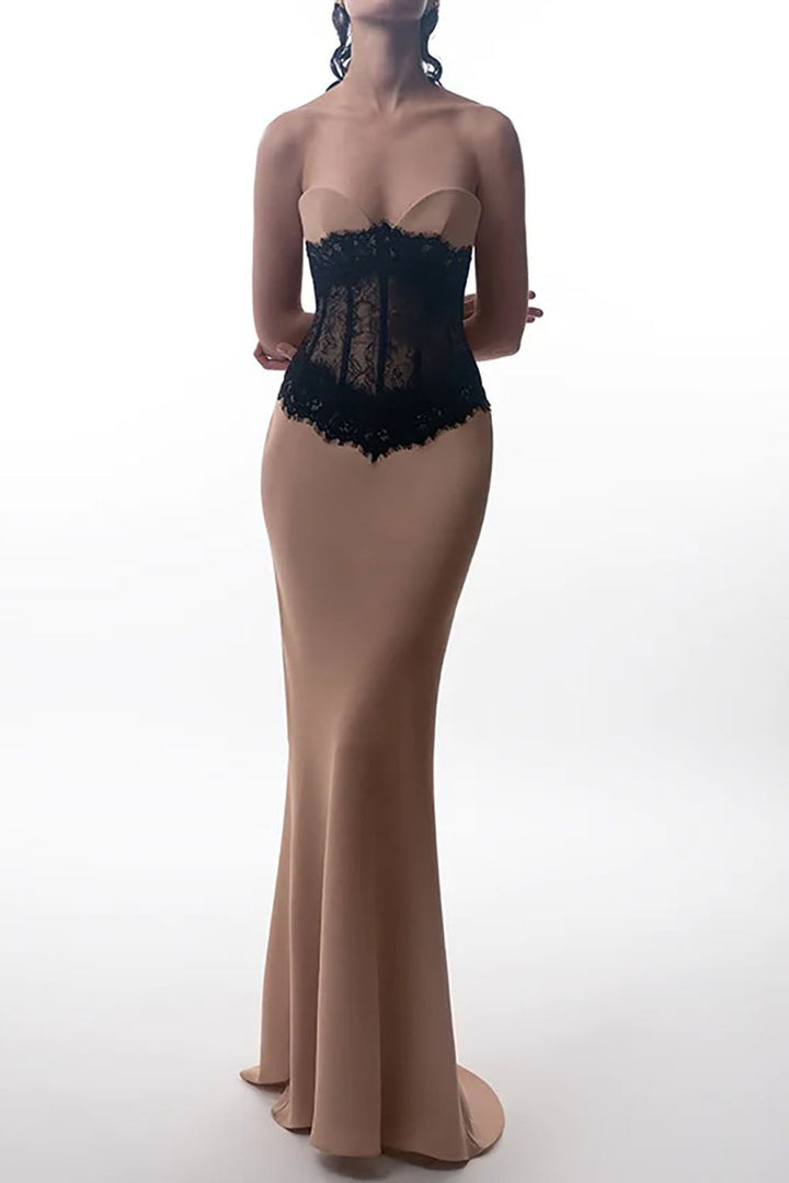 Barbara İşlemeli Dantel Straplez Uzun Elbise