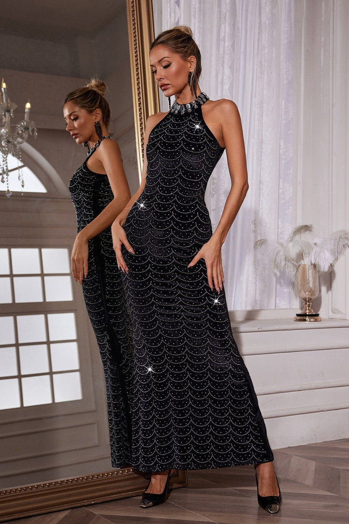 Sunita Boyundan Bağlamalı Kristal Kadife Maxi Elbise