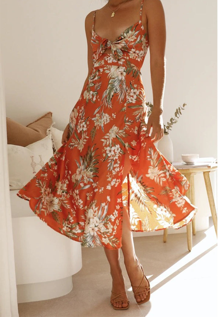 Saten Çiçekli Bölmeli Göğüs Düğmeli Midi Elbise