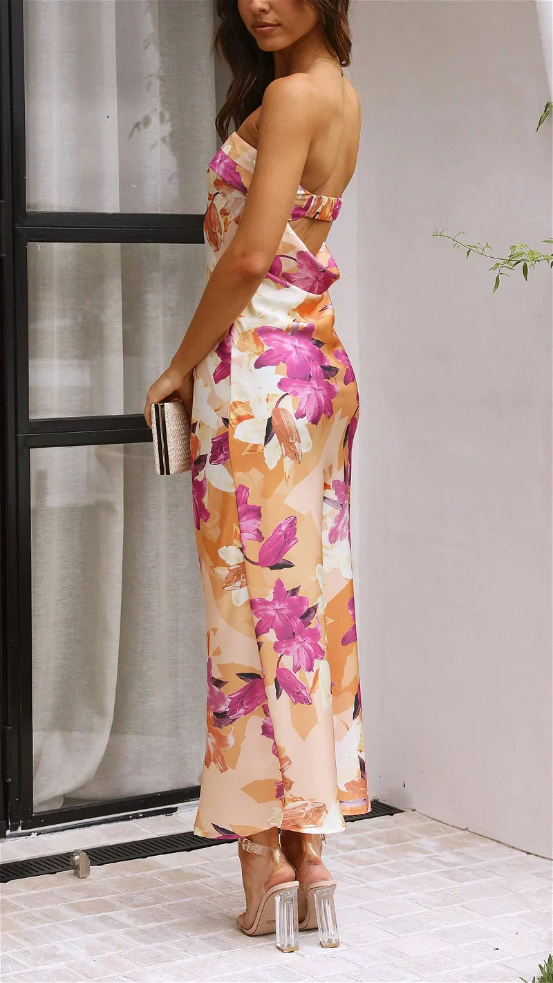 Çiçekli Saten Katlamalı Büst Elbise