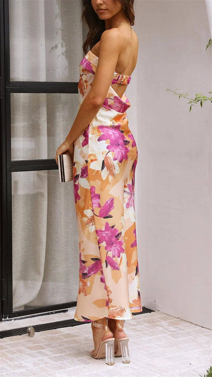 Çiçekli Saten Katlamalı Büst Elbise