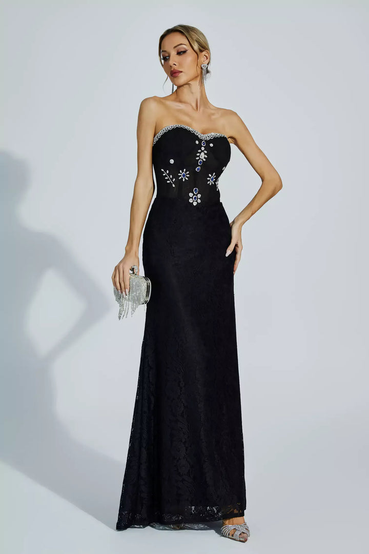 Teresa Black Diamond Omuzu Açık Uzun Elbise