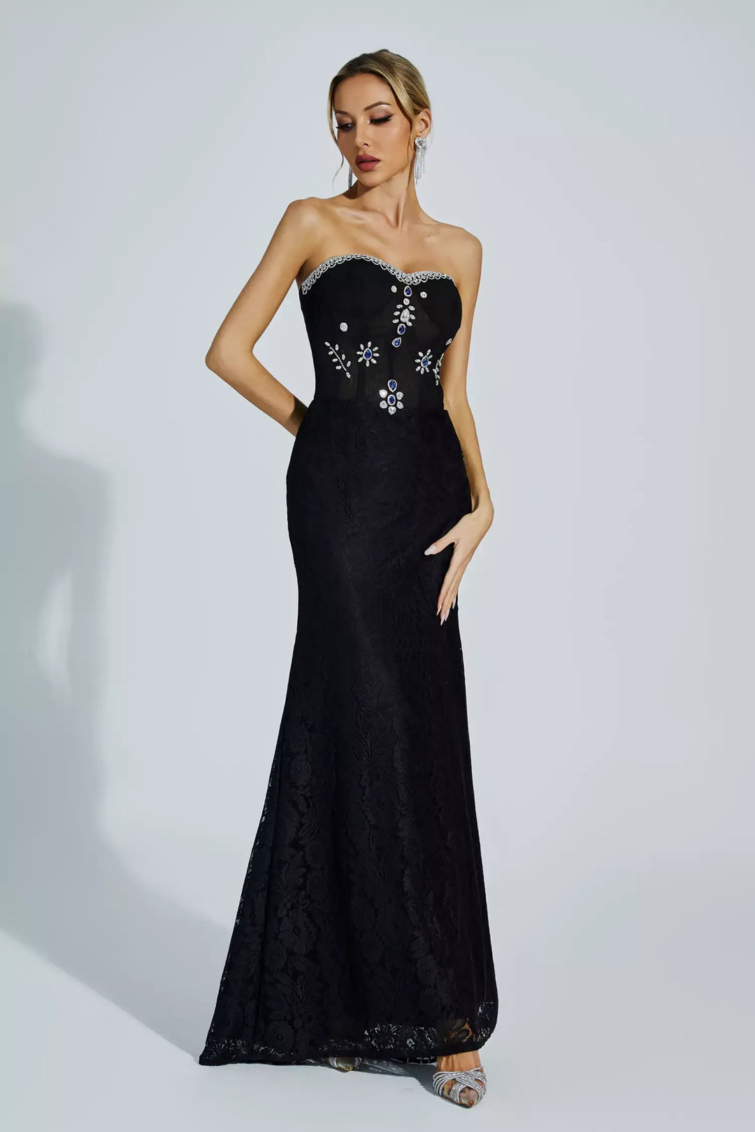 Teresa Black Diamond Omuzu Açık Uzun Elbise