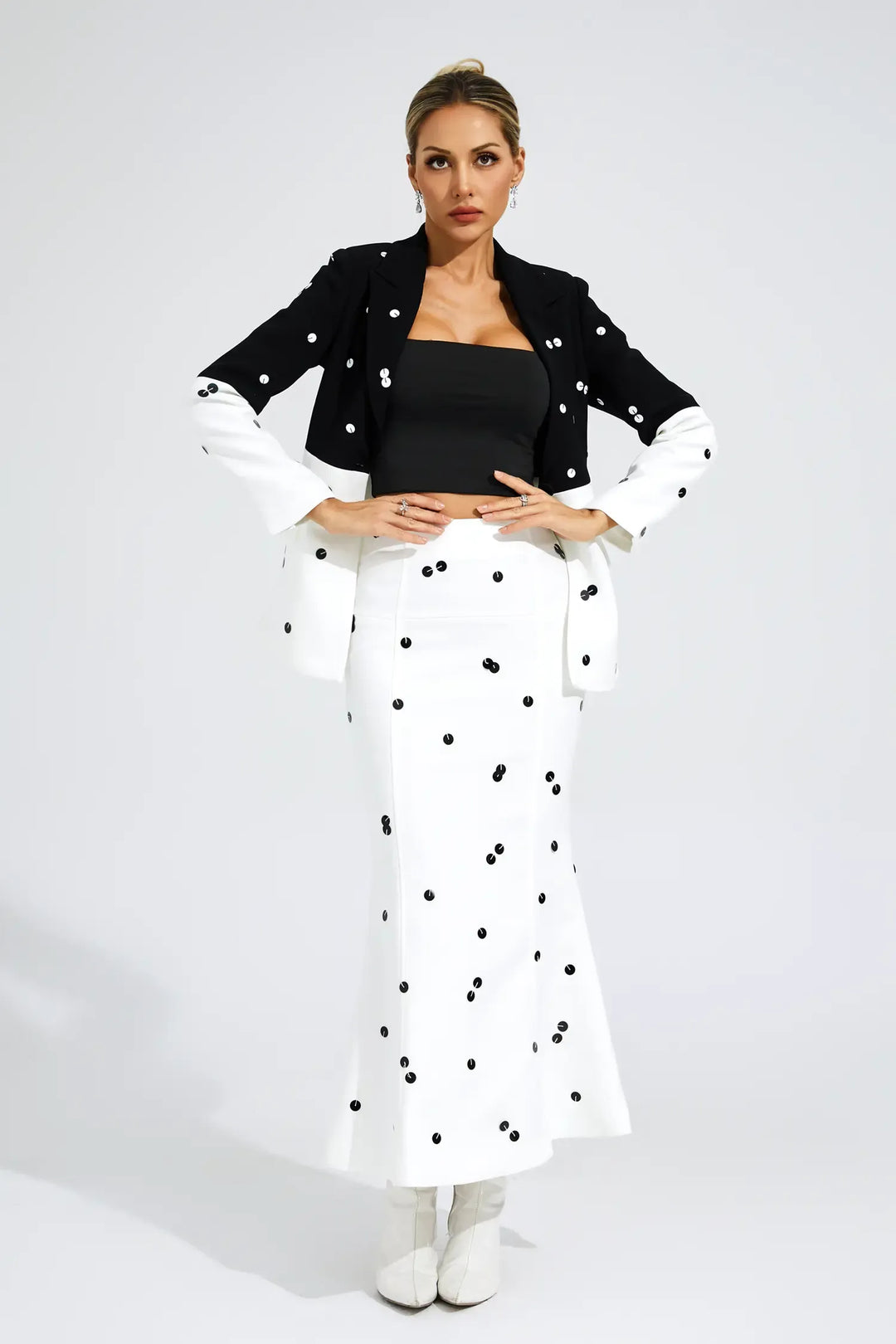 Noella Beyaz Puantiyeli Payetler Blazer Takım