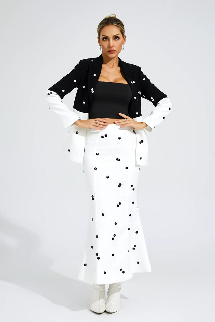 Noella Beyaz Puantiyeli Payetler Blazer Takım