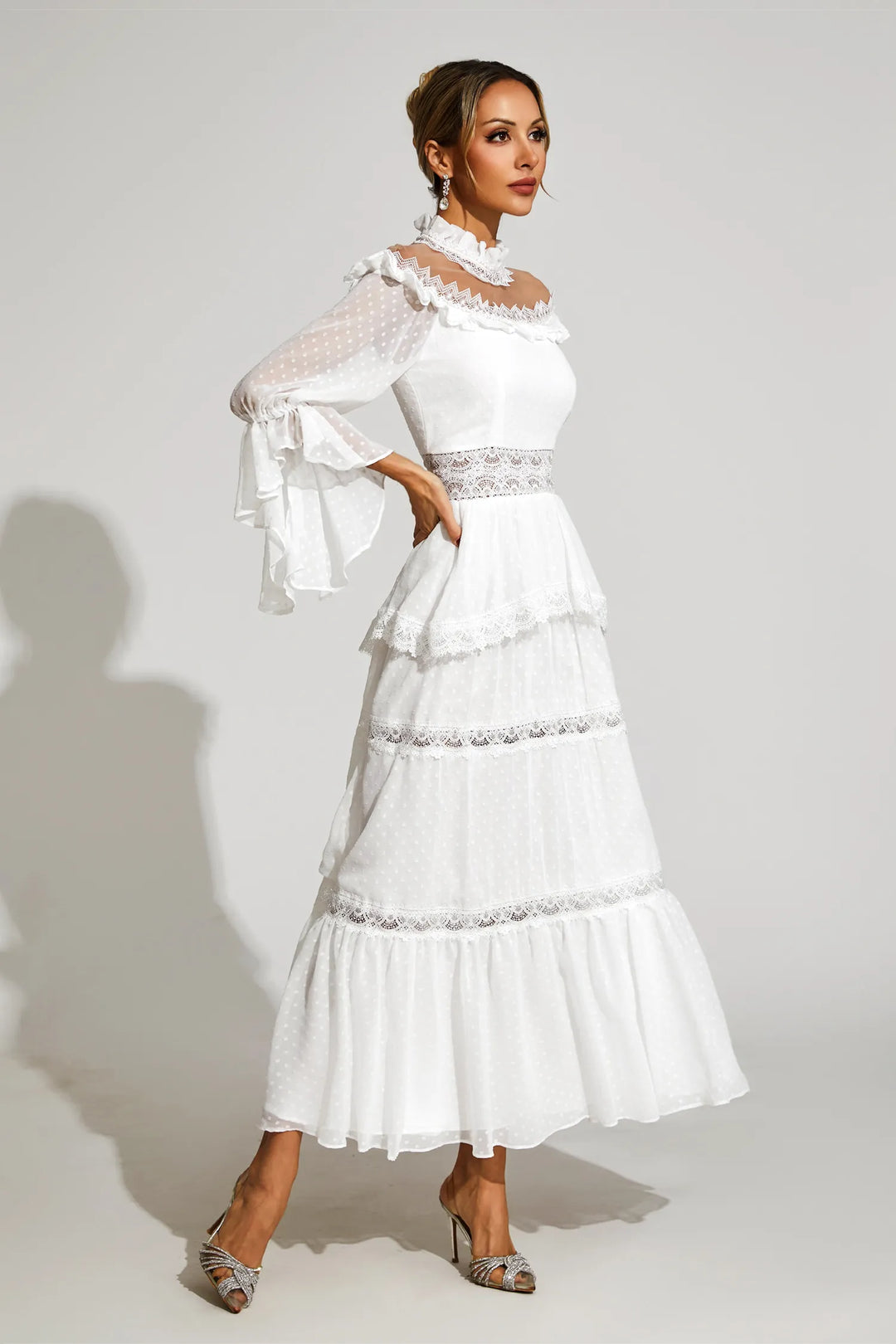 Nivara Beyaz Dantel Uzun Kollu Uzun Elbise