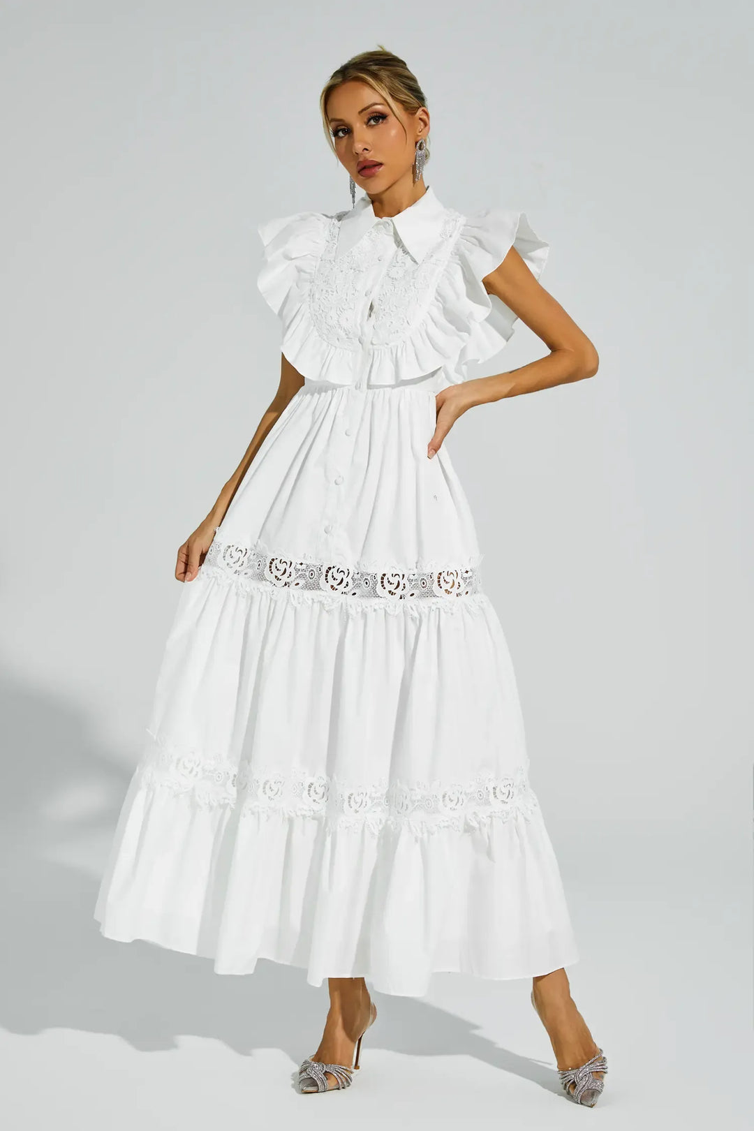 Wesley Beyaz Kolsuz Fırfırlı Maxi Elbise