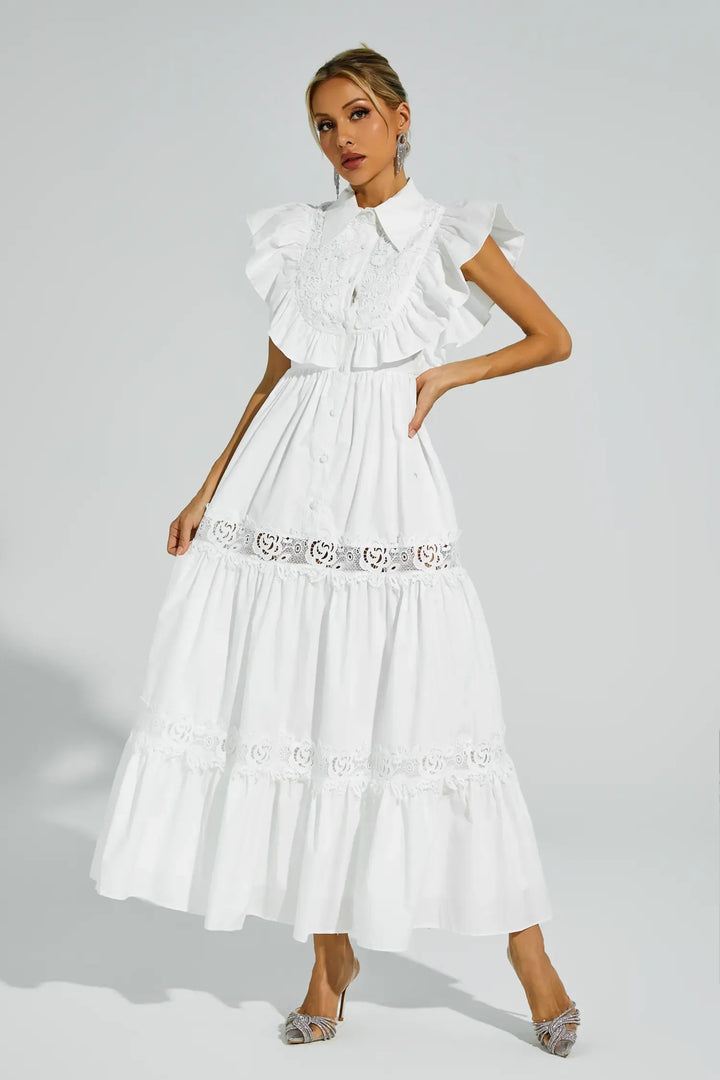 Wesley Beyaz Kolsuz Fırfırlı Maxi Elbise