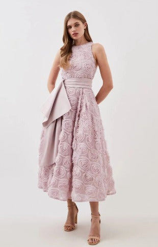 Biberiye Siyah 3D Çiçekli Uzun Elbise