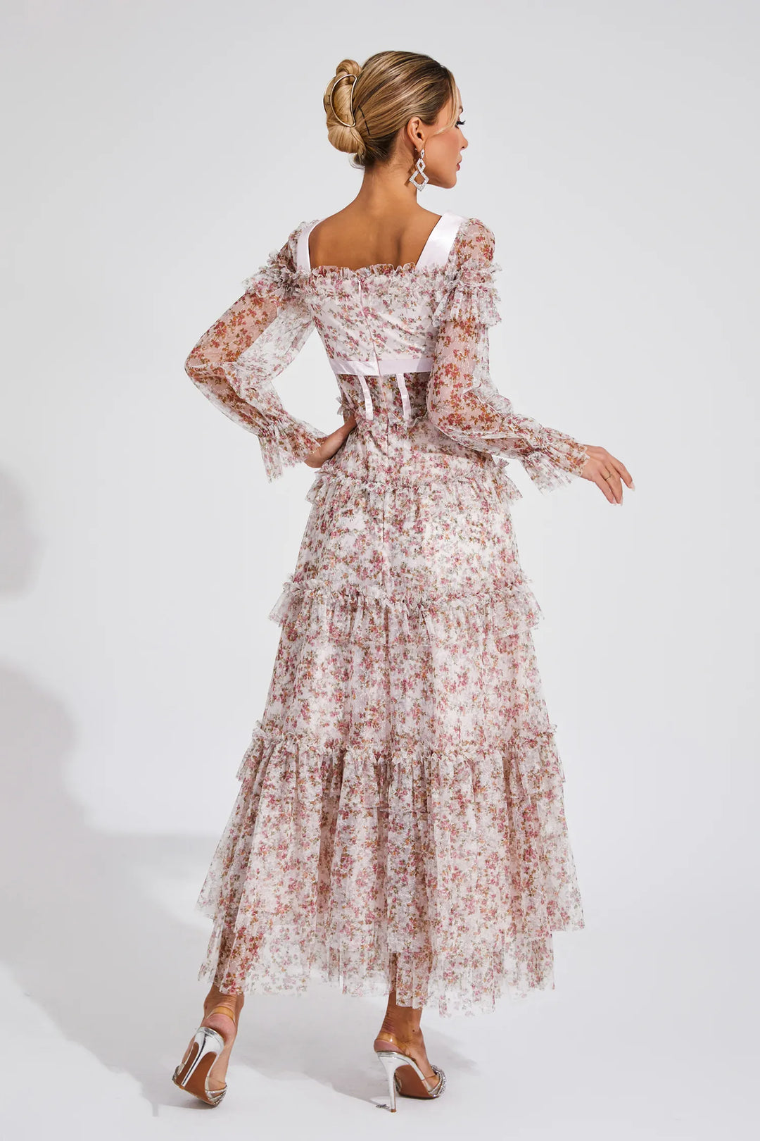 Mira Pembe Çiçekli Uzun Kollu Uzun Elbise