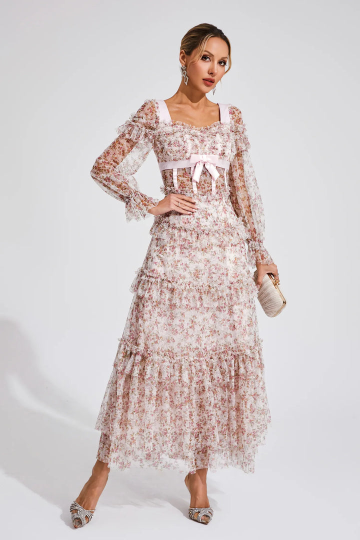 Mira Pembe Çiçekli Uzun Kollu Uzun Elbise