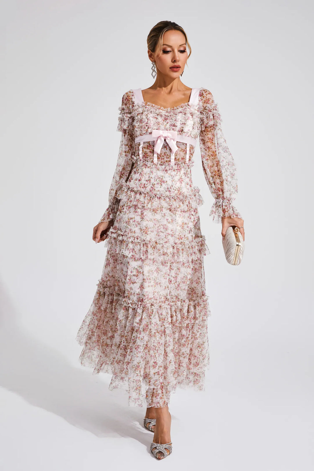 Mira Pembe Çiçekli Uzun Kollu Uzun Elbise