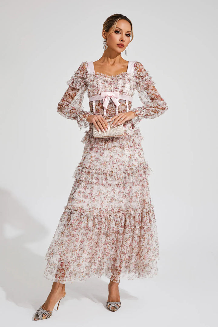 Mira Pembe Çiçekli Uzun Kollu Uzun Elbise