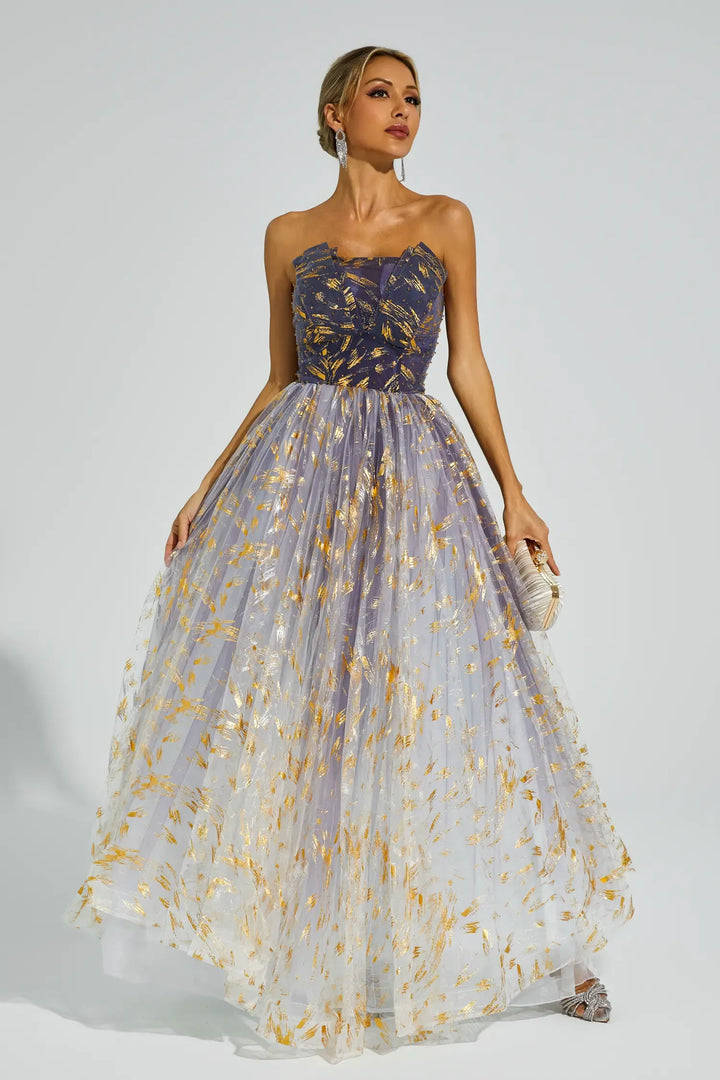 Yetta Degrade Mavi Düşük Omuz Tutu Maxi Elbise