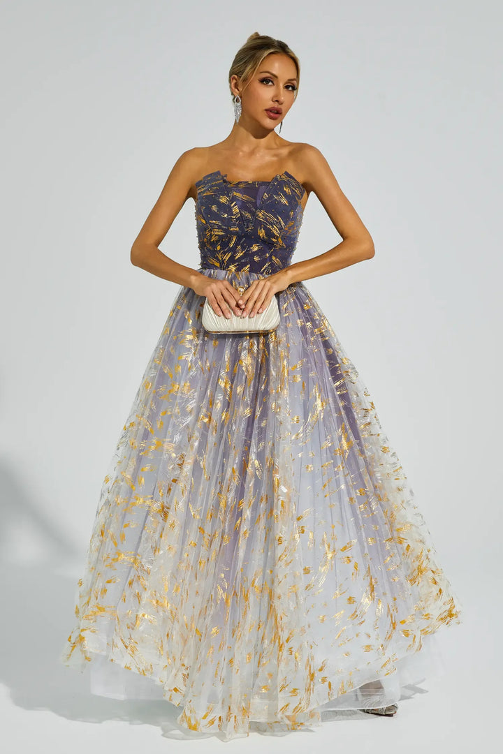 Yetta Degrade Mavi Düşük Omuz Tutu Maxi Elbise