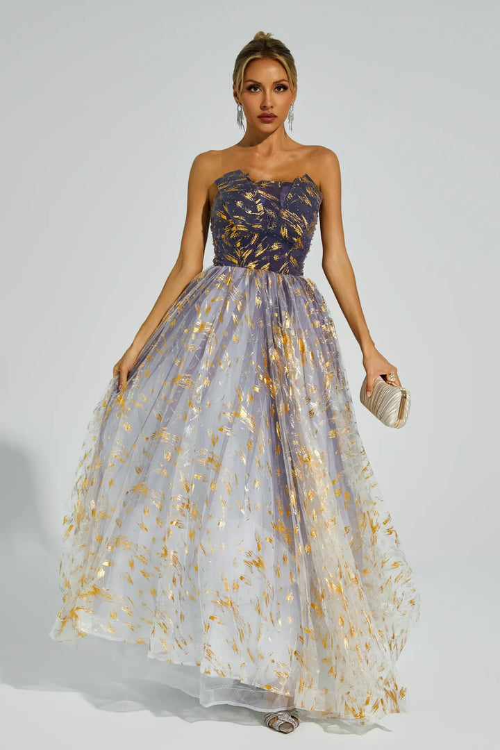 Yetta Degrade Mavi Düşük Omuz Tutu Maxi Elbise