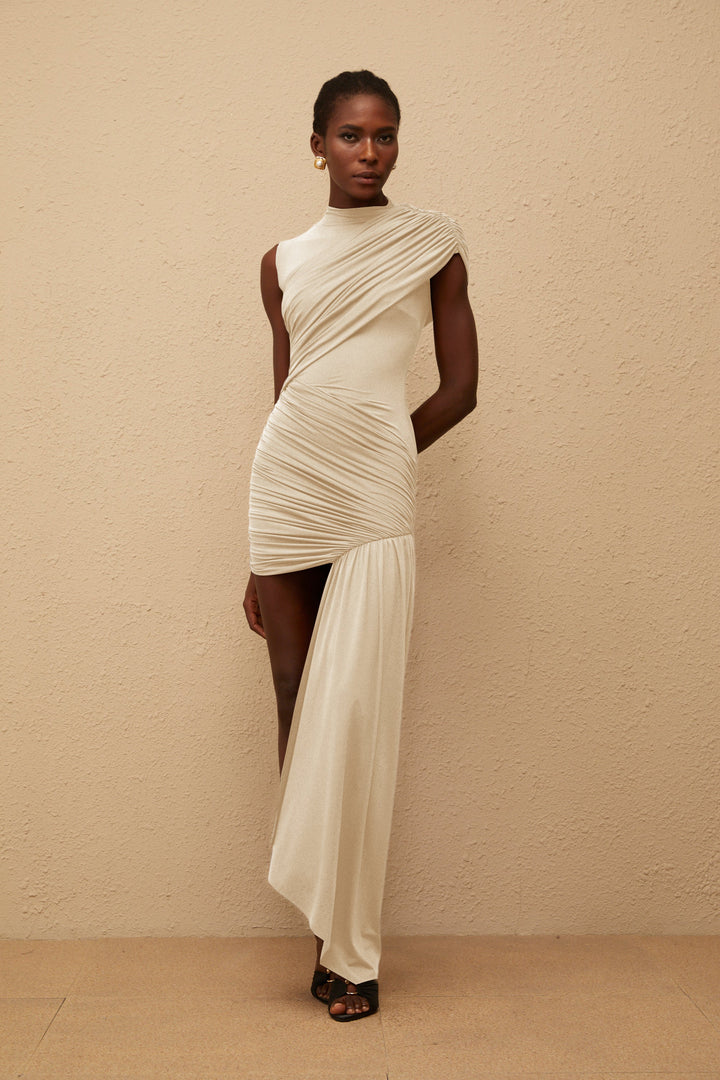 Fée Nötr Asimetrik Büzgülü Mini Elbise