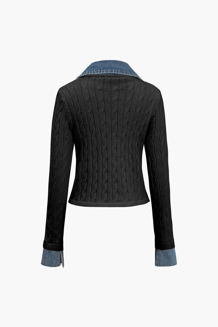 Örgü Denim Gömlek Yaka Uzun Kollu Üst