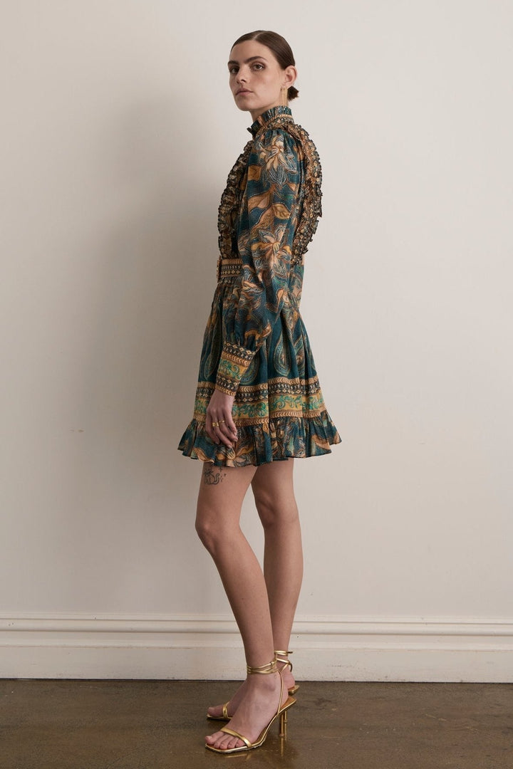 Abigail Baskılı Fırfırlı Kuşaklı Mini Gömlek Elbise