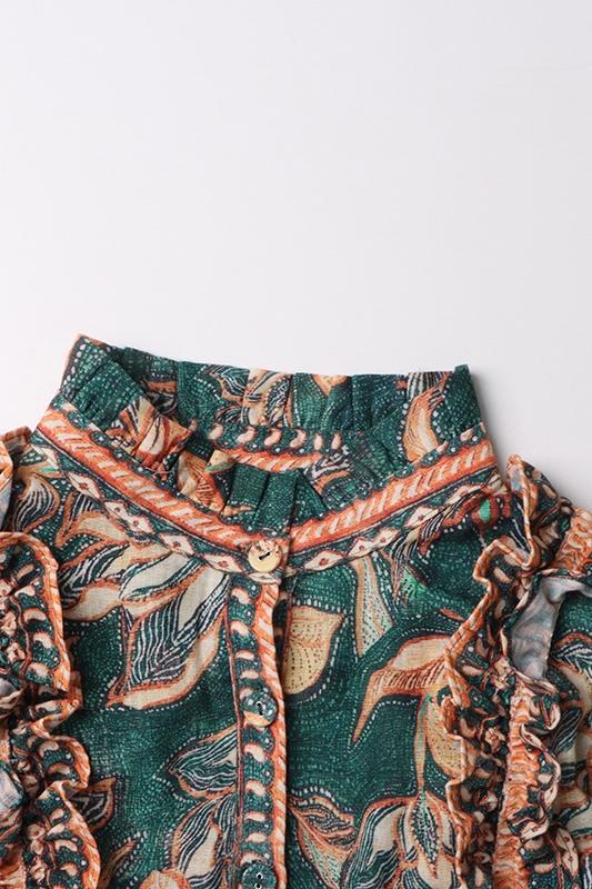 Abigail Baskılı Fırfırlı Kuşaklı Mini Gömlek Elbise