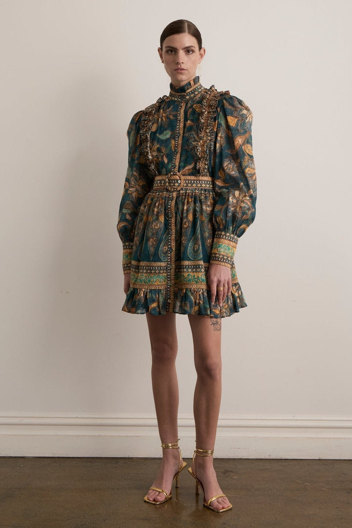 Abigail Baskılı Fırfırlı Kuşaklı Mini Gömlek Elbise