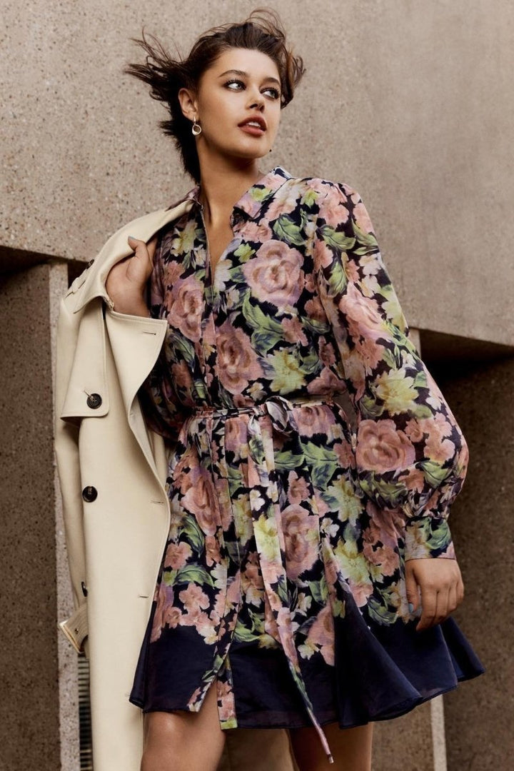 Ada Baskılı Kuşaklı Flare Mini Elbise