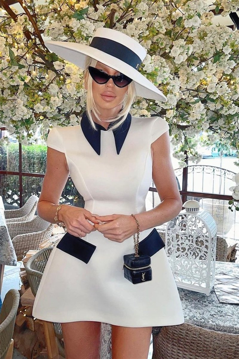 Adela Kap Kol Kontrast Polyester Mini Elbise