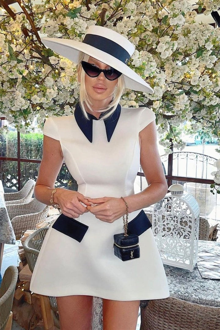 Adela Kap Kol Kontrast Polyester Mini Elbise
