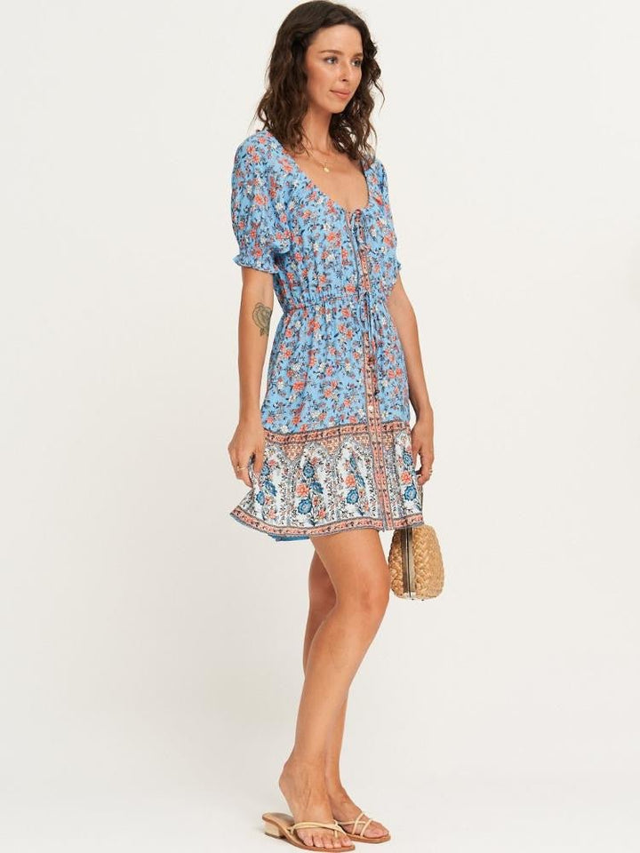 Aditi Baskılı Bağcıklı Mini Köylü Elbisesi