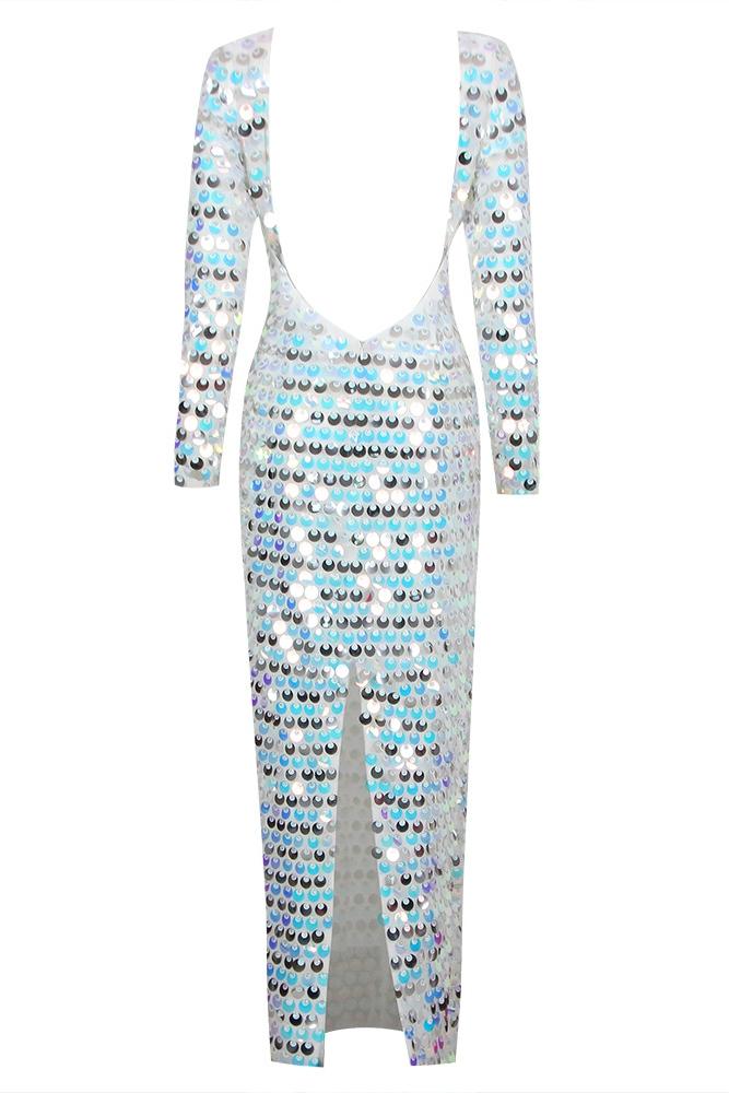 Afra Sırtı Açık Payet Uzun Elbise