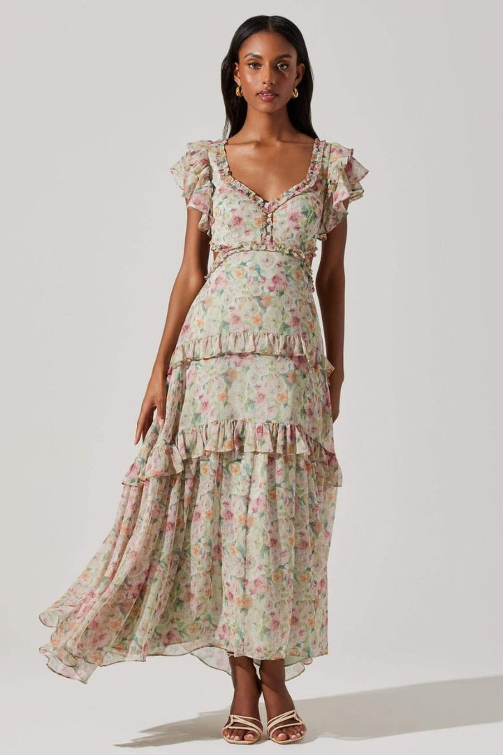 Agatha Baskılı Fırfırlı Cut-Out Midi Elbise