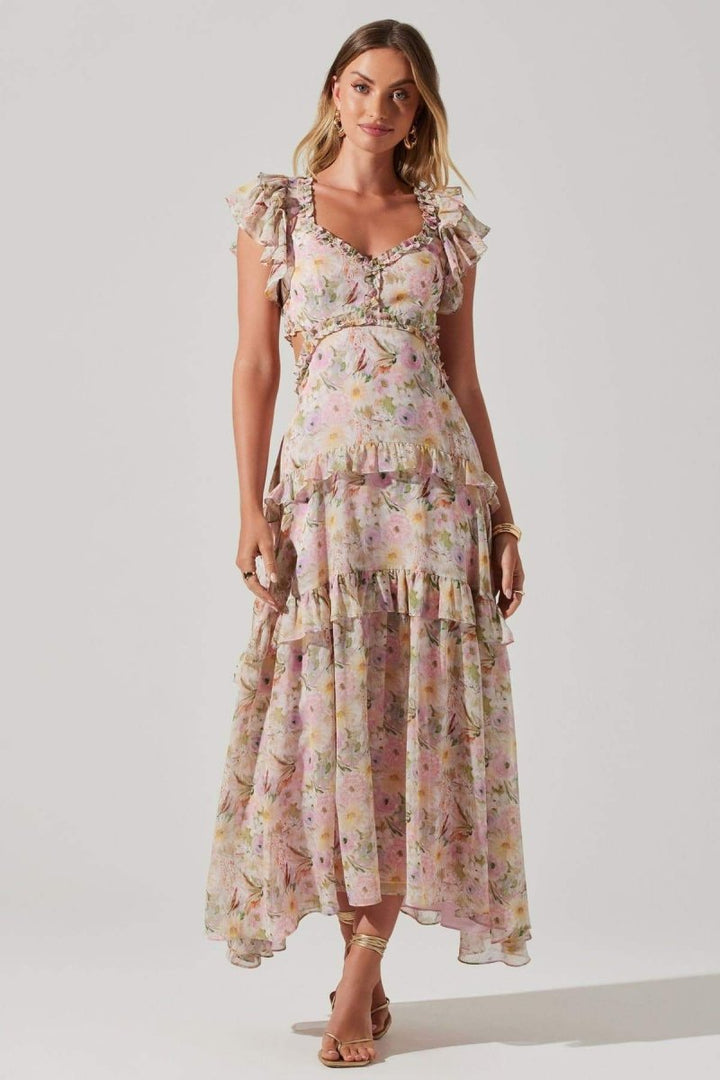 Agatha Baskılı Fırfırlı Cut-Out Midi Elbise