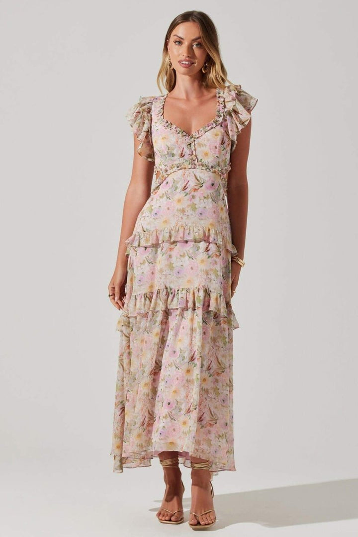 Agatha Baskılı Fırfırlı Cut-Out Midi Elbise