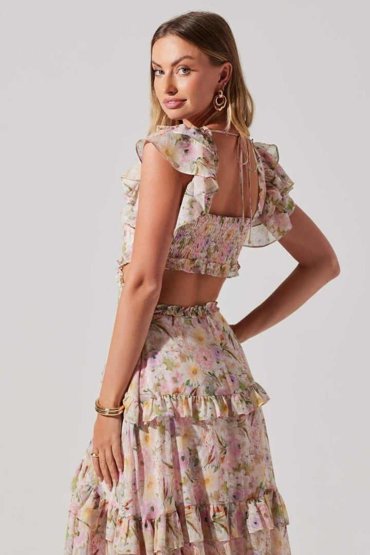 Agatha Baskılı Fırfırlı Cut-Out Midi Elbise