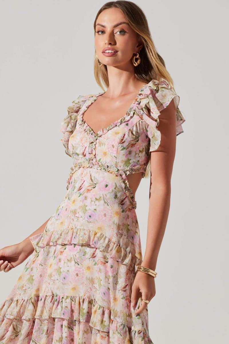 Agatha Baskılı Fırfırlı Cut-Out Midi Elbise