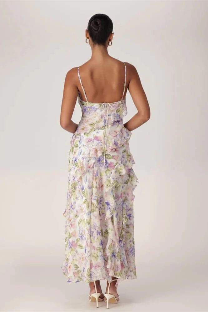 Agnes Baskılı Asimetrik Fırfırlı Maxi Elbise