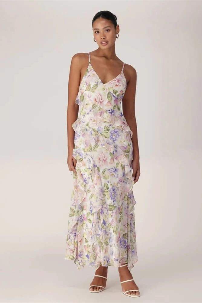 Agnes Baskılı Asimetrik Fırfırlı Maxi Elbise