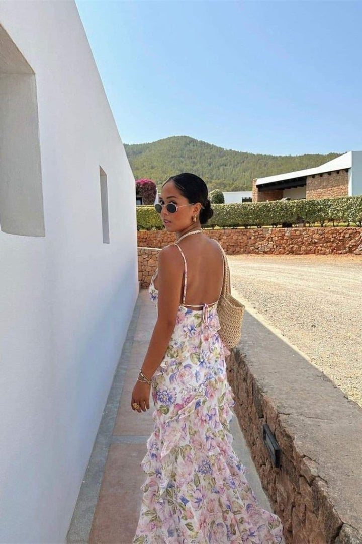 Agnes Baskılı Asimetrik Fırfırlı Maxi Elbise