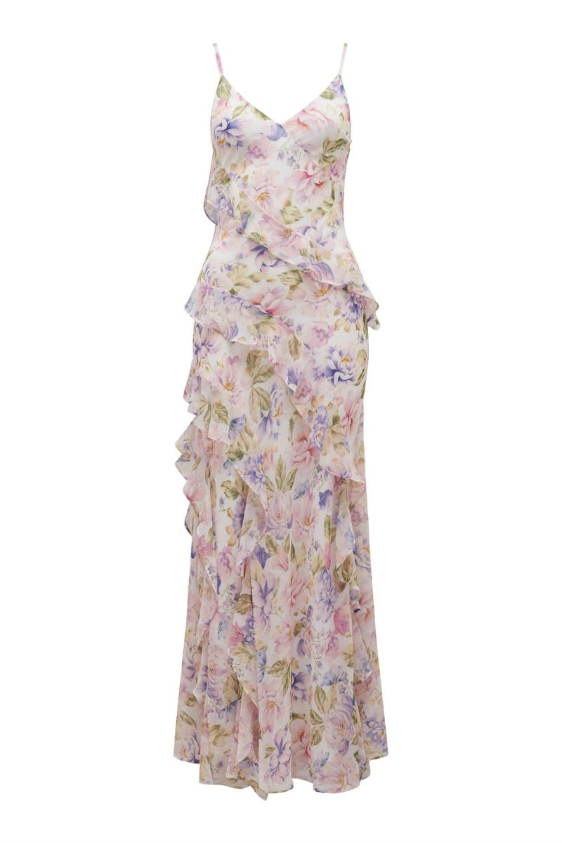 Agnes Baskılı Asimetrik Fırfırlı Maxi Elbise