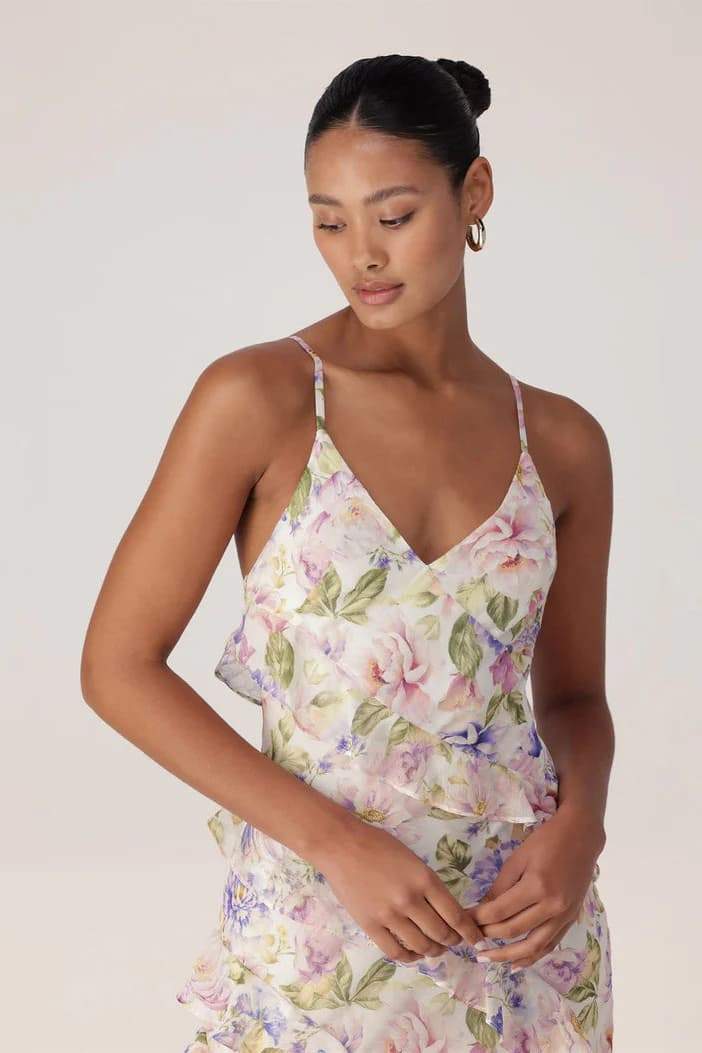 Agnes Baskılı Asimetrik Fırfırlı Maxi Elbise