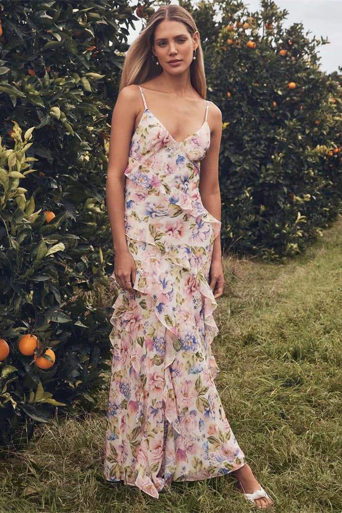 Agnes Baskılı Asimetrik Fırfırlı Maxi Elbise