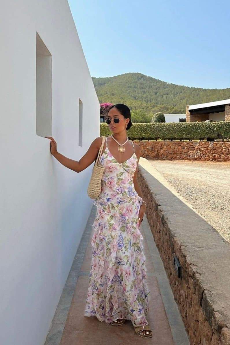 Agnes Baskılı Asimetrik Fırfırlı Maxi Elbise